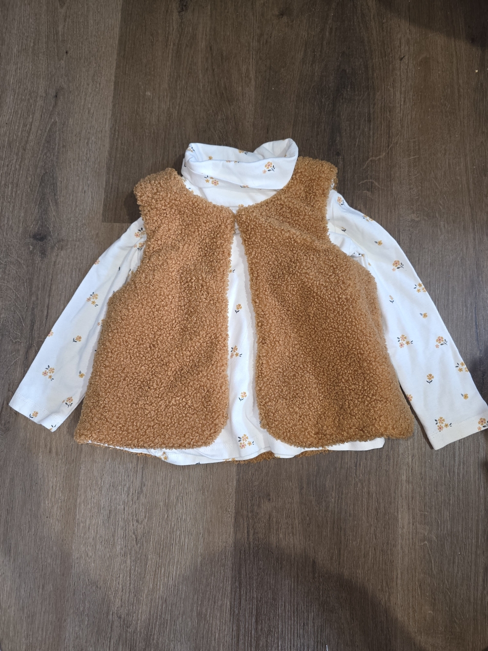 Rachel Zoe Girls Cream Floral Top with Camel Sherpa Vest